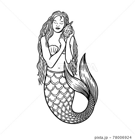 Beautiful young mermaid with the sea shell and pearl. Sea underwater fantasy creature with tail and decorative long hair. Hand drawn vector illustration, design for coloring book, tattoo and poster. 78006924
