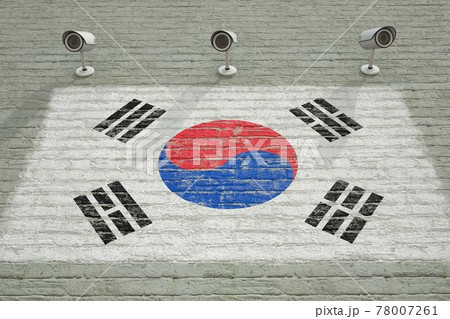 Brick wall with printed national flag of South Korea and CCTV cameras. Surveillance system conceptual 3D rendering Brick wall with printed national flag of South Korea and CCTV cameras. Surveillance system conceptual 3D rendering 78007261