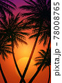 Natural Coconut trees. Mountains horizon hills. Silhouettes of palm trees and hills. Sunrise and sunset. Landscape wallpaper. Illustration vector style. Colorful view background. 78008765