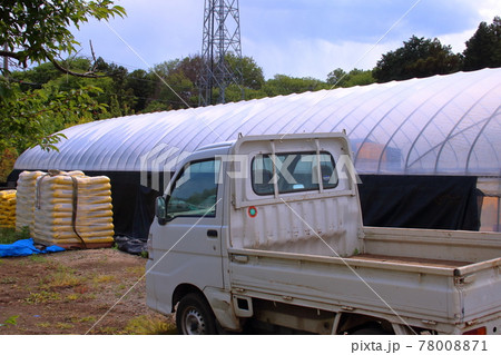 ビニールハウスと軽トラ、積み上がった肥料 78008871