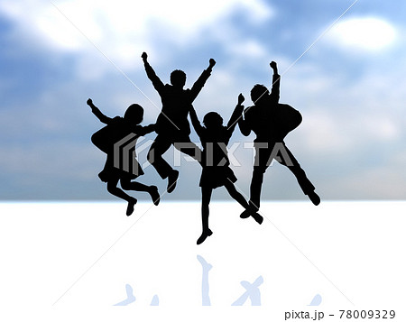 ジャンプする4人の男女学生シルエット 黒 Cgイラスト横のイラスト素材