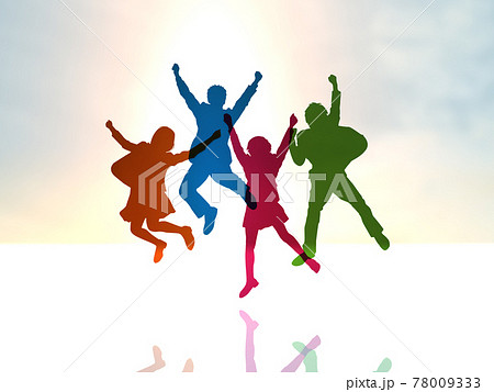 ジャンプする4人の男女学生シルエット カラフル Cgイラスト横のイラスト素材