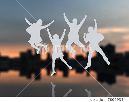 ジャンプする4人の女男学生シルエット 白 Cgイラスト横のイラスト素材