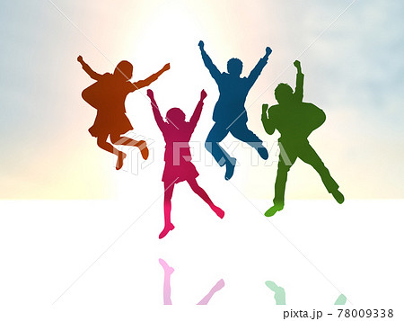 ジャンプする4人の女男学生シルエット カラフル Cgイラスト横のイラスト素材
