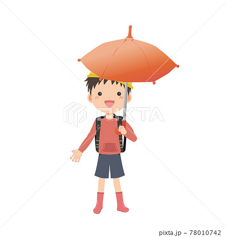 赤い傘をさした登校中の男の子のイラスト素材