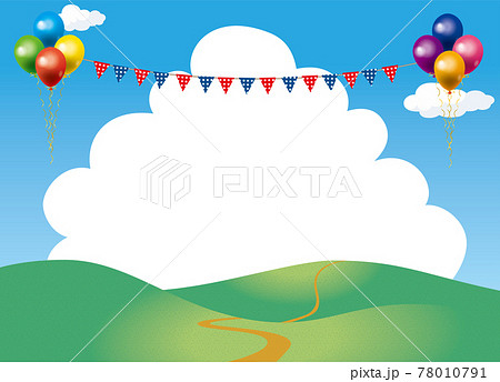 夏とハッピーなイメージのイラスト背景素材 青空とバルーン風船と大きな入道雲広大な野原 草原 山 丘のイラスト素材