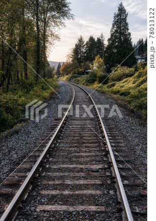 Railroad Tracks surrounded by green trees in a modern suburban city. Railroad Tracks surrounded by green trees in a modern suburban city. 78013122