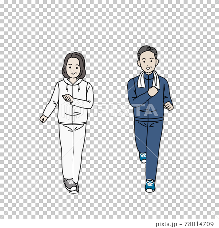 Middle-aged and older couples walking and jogging, exercise, running diet, men and women, middle-aged illustration material 78014709