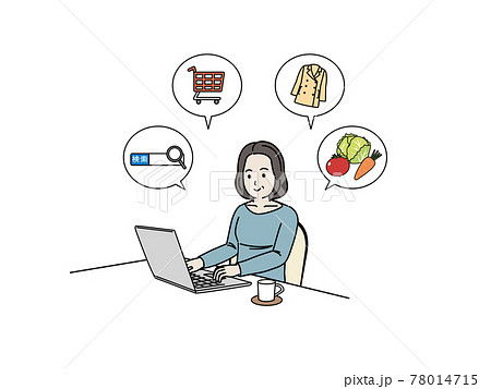 ノートパソコンを使う中高年の女性　検索　買い物　ネットサーフィン　ミドル　イラスト素材 78014715