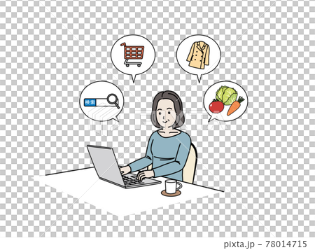 ノートパソコンを使う中高年の女性　検索　買い物　ネットサーフィン　ミドル　イラスト素材 78014715