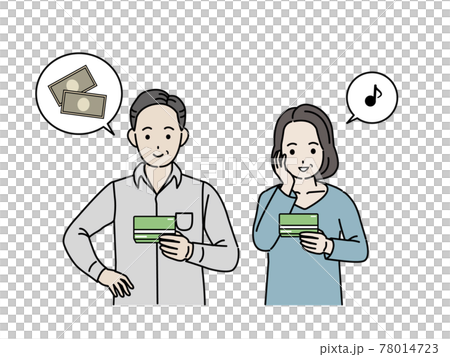 Middle-aged and older men and women who are pleased to see the passbook Salary transfer Couple Middle-aged illustration material Middle-aged and older men and women who are pleased to see the passbook Salary transfer Couple Middle-aged illustration material 78014723