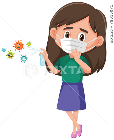 A girl wear mask and using alcohol sanitizer with virus cartoon character 78016071