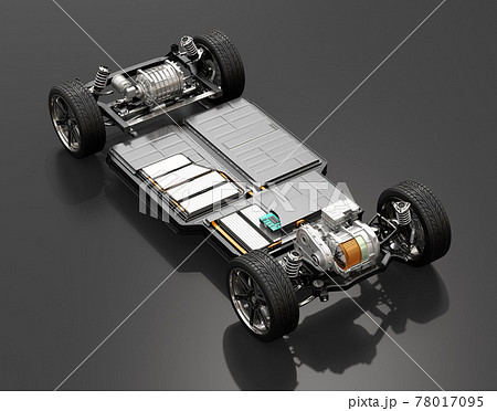 黒バックに2モータの4輪駆動電気自動車用のプラットフォーム構造のカットイメージのイラスト素材