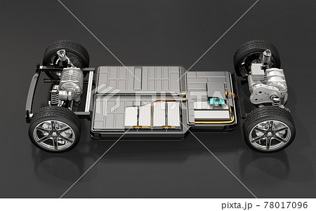 黒バックに2モータの4輪駆動電気自動車用のプラットフォーム構造のカットイメージ 78017096
