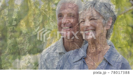 Composition of senior couple embracing, smiling and autumn foliage Composition of senior couple embracing, smiling and autumn foliage 78017388