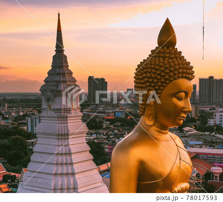 Aerial view of Wat Paknam Bhasicharoen, a temple, pagoda and Buddha statue in Bangkok Thailand 78017593