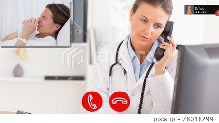 Composition of female doctor talking on phone during online consultation Composition of female doctor talking on phone during online consultation 78018299