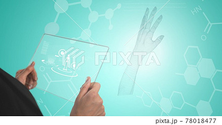Composition of businesswoman holding interactive screen with medical data processing Composition of businesswoman holding interactive screen with medical data processing 78018477