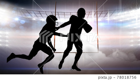Composition of silhouettes of american football players over sports stadium 78018756
