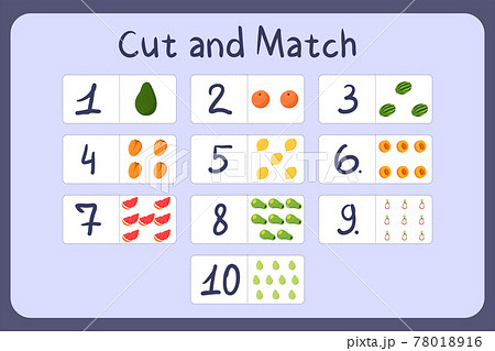 Flash cards with numbers for kids, set 6. Cut and match pictures with numbers and fruits. Illustration for educational math game design. Printable worksheet. 78018916