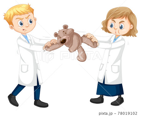 Two boy scientist fighting over a teddy bear 78019102