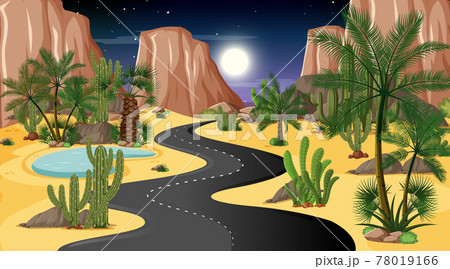 Long road through desert landscape at night scene 78019166