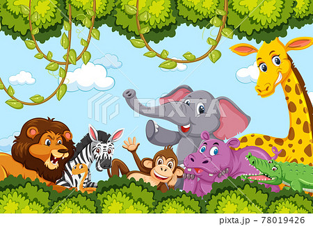 Wild animals group in the forest frame