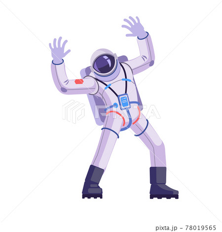 Astronaut or spacemen character with Hands Up and Waving Hello. Cosmonaut dancing, funny gesture. Cartoon vector illustration isolated in white background 78019565