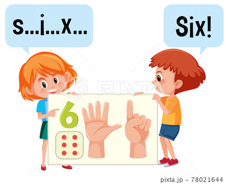Cartoon character of two kids spelling the number six Cartoon character of two kids spelling the number six 78021644