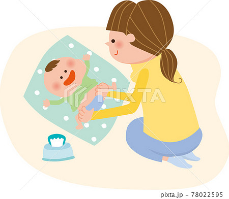 ママと赤ちゃん オムツ替え イラストのイラスト素材