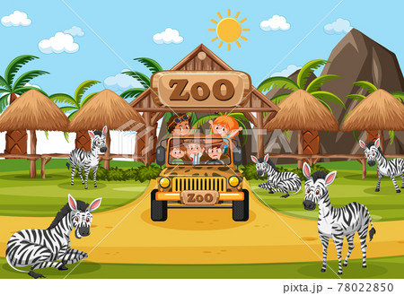 Safari Scene With Kids On Tourist Car Watching のイラスト素材