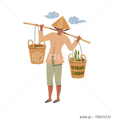 Asian Farmer in Straw Conical Hat Carrying Grass in Wicker Basket on His Shoulders Vector Illustration 78025232