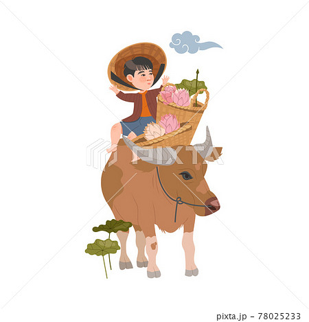 Little Kid as Asian Farmer in Straw Hat Sitting on Bull with Wicker Basket of Lotus Flowers Vector Illustration 78025233