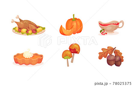 Thanksgiving Day Attributes with Pumpkin Pie and Roasted Turkey Vector Set Thanksgiving Day Attributes with Pumpkin Pie and Roasted Turkey Vector Set 78025375