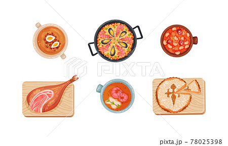 Spanish Cuisine with Tasty Meal Served on Plate Above View Vector Set 78025398