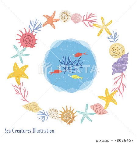 貝殻の手描きイラスト サークルフレームのイラスト素材 貝殻の手描きイラスト サークルフレームのイラスト素材