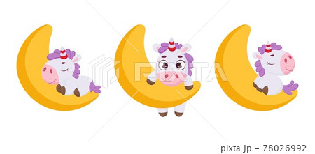 Set of cute magical unicorn on moon. Funny magic unicorn cartoon character collection for print, cards, baby shower, invitation, wallpapers, decor. Stock vector illustration. Set of cute magical unicorn on moon. Funny magic unicorn cartoon character collection for print, cards, baby shower, invitation, wallpapers, decor. Stock vector illustration. 78026992