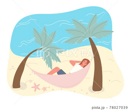 Hot summer outdoor recreation on sand beach. Woman sunbathing on hammock. Vector illustration summer time vacation 78027039
