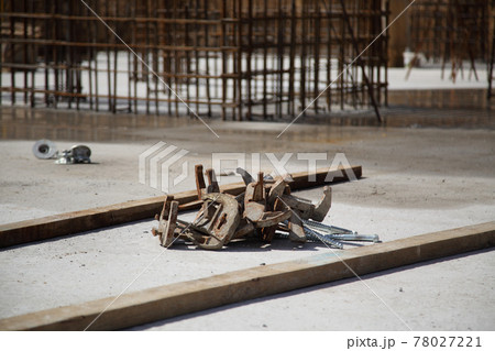 Construction of a residential building made of monolithic concrete. New residential area. Construction of a residential multi-storey building. 78027221