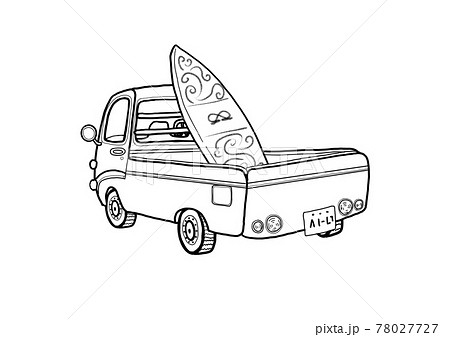 軽トラックにサーフボードを乗せているイラストのイラスト素材