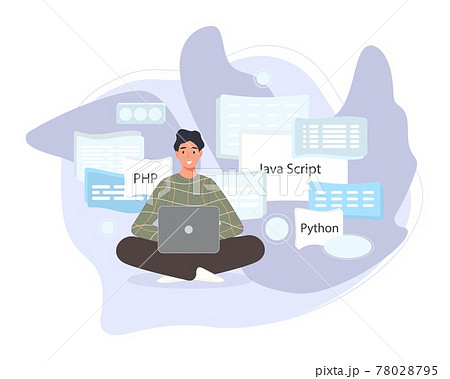 Software developers working of script coding. Engineer character programming in php, python, javascript, other languages. Vector illustration 78028795