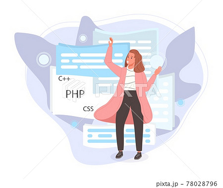 Software developers working of script coding. Engineer character programming in php, python, javascript, other languages. Vector illustration 78028796