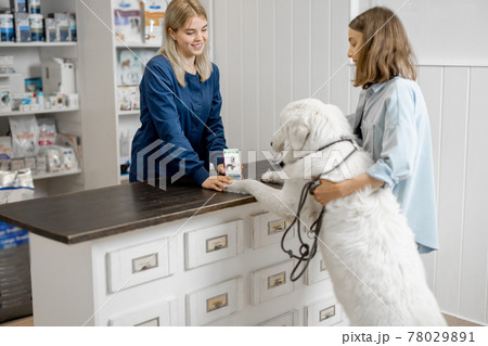 Woman with big white dog in veterinary clinic 78029891