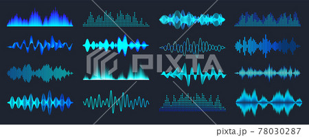 Blue colorful sound waves collection. Analog and digital audio signal. Music equalizer. Interference 78030287