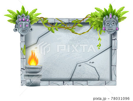 Vector game stone sign board, cracked cartoon jungle rock panel, tiki mask, maya totem face, fire 78031096