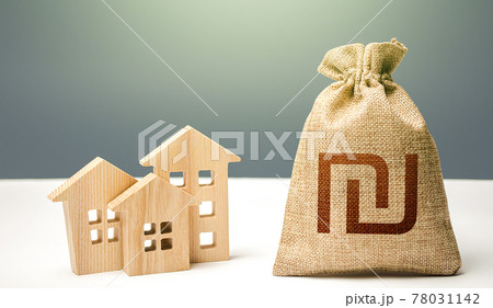 Israeli shekel money bag and residential buildings. City municipal budget. Mortgage loan. Property tax. Investment in real estate. Costs of service and maintaining. Purchase of housing. 78031142