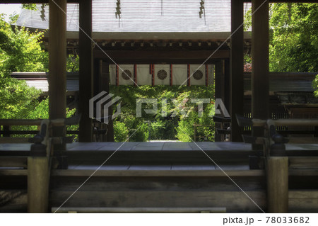 京都、梨木神社の拝殿（手前）と神門（奥）が見える初夏の風景 78033682