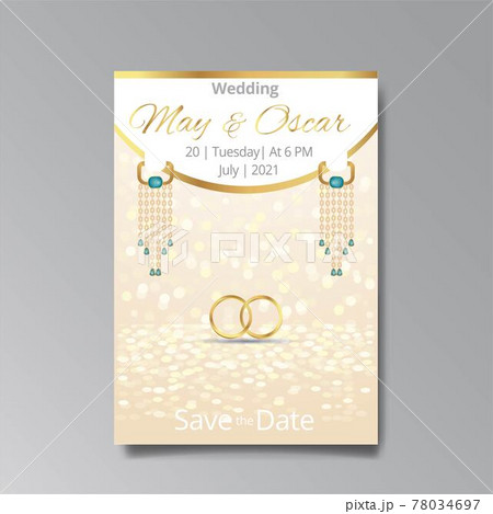 Art Deco with wedding rings invitation, golden, white light beige luxury elegant retro style. 78034697