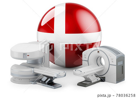 MRI and CT Diagnostic, Research Centres in Denmark. MRI machine and CT scanner with Danish flag, 3D rendering 78036258