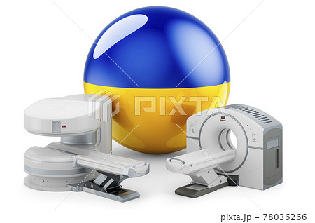 MRI and CT Diagnostic, Research Centres in Ukraine. MRI machine and CT scanner with Ukrainian flag, 3D rendering MRI and CT Diagnostic, Research Centres in Ukraine. MRI machine and CT scanner with Ukrainian flag, 3D rendering 78036266